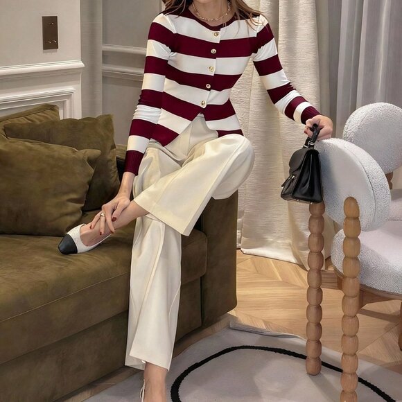 Burgundy Women's Casual French Style Fitted Cardigan - Picture 4 of 5